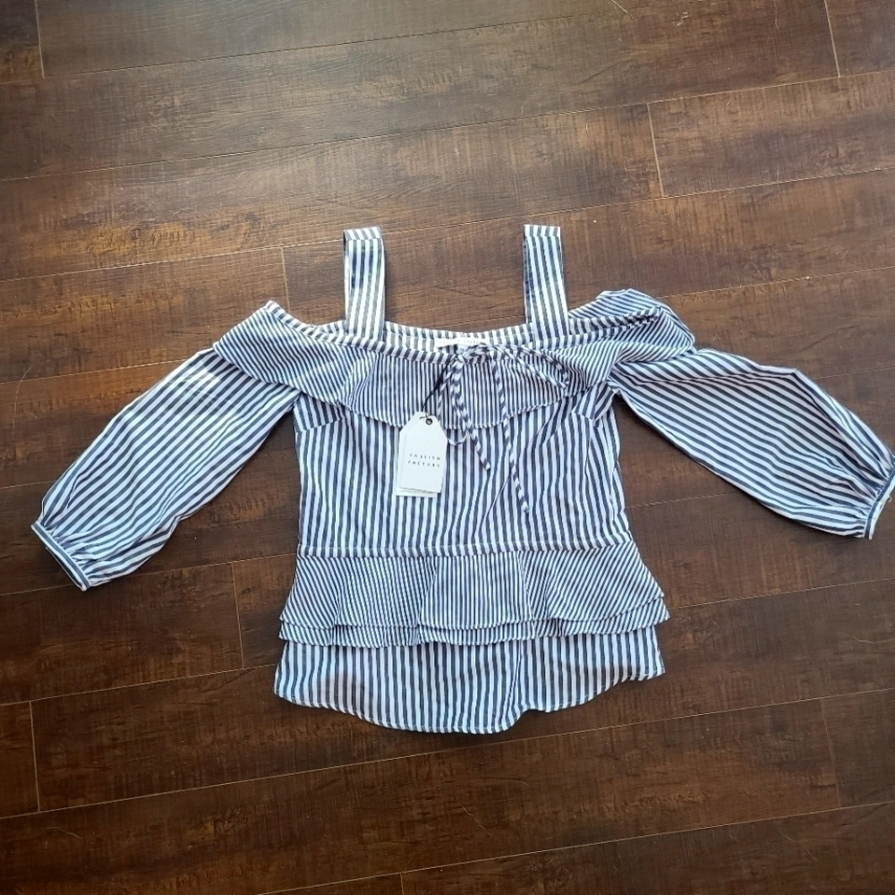 NEW English Factory striped cold shoulder top with layered ruffle detail